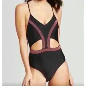 Xhiliration One-Piece Embroidered Beaded Cutout Swimsuit, XL